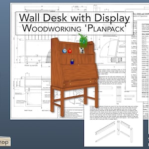 Op de afbeelding: Een houtbewerkingspakket voor het bouwen van een wandbureau met displayplanken. Het pakket bevat gedetailleerde instructies, diagrammen en een snijlijst. Het bureau is gemaakt van hout en heeft een lichtbruine afwerking. Het pakket is getiteld "Wandbureau met display Houtbewerking 'Planpack'" en bevat het tekennummer "ADW125".