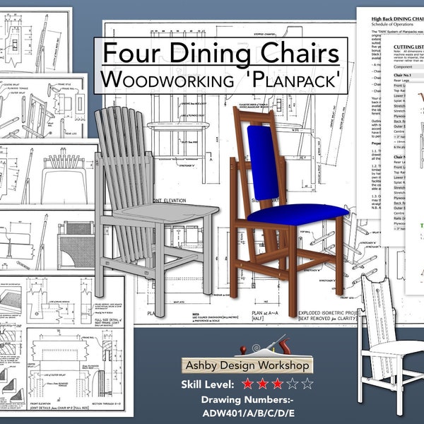 Plan eetkamerstoelen - Eetkamerstoelen met hoge rugleuning - Vier eetkamerstoelontwerpen - Meubelplannen - DIY-plannen - Houtbewerkingsplannen