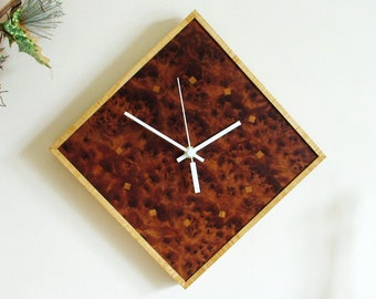 Wall Clock - Diamond Wall Clock - Handmade Wooden Wall Clock - rare burr thuya front, inlaid sycamore hour markers, sycamore frame, oak back