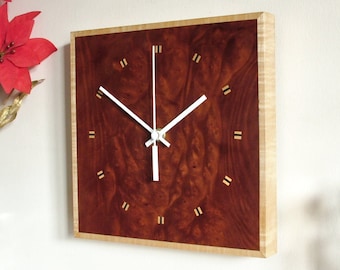 Wall Clock - Square Wall Clock - Handmade Wooden Wall Clock - with burr madrona, inlaid sycamore & ebony hour markers and oak backing.