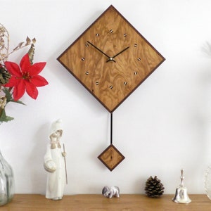 Exotic Wood Wall Clock. Pendulum Wall Clock in olive wood and black American walnut with inlaid black & white diamonds. Medium Diamond Clock