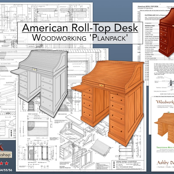 American Roll Top Desk Plans - Woodwork Plan - DIY Home Office desk - Antique Desk Plans