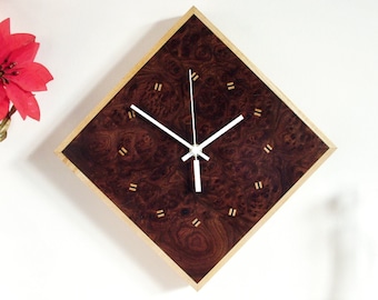 Wall Clock - Diamond Wall Clock - Handmade Wooden Wall Clock - burr brown oak, inlaid sycamore/ebony hour markers, sycamore trim, oak back