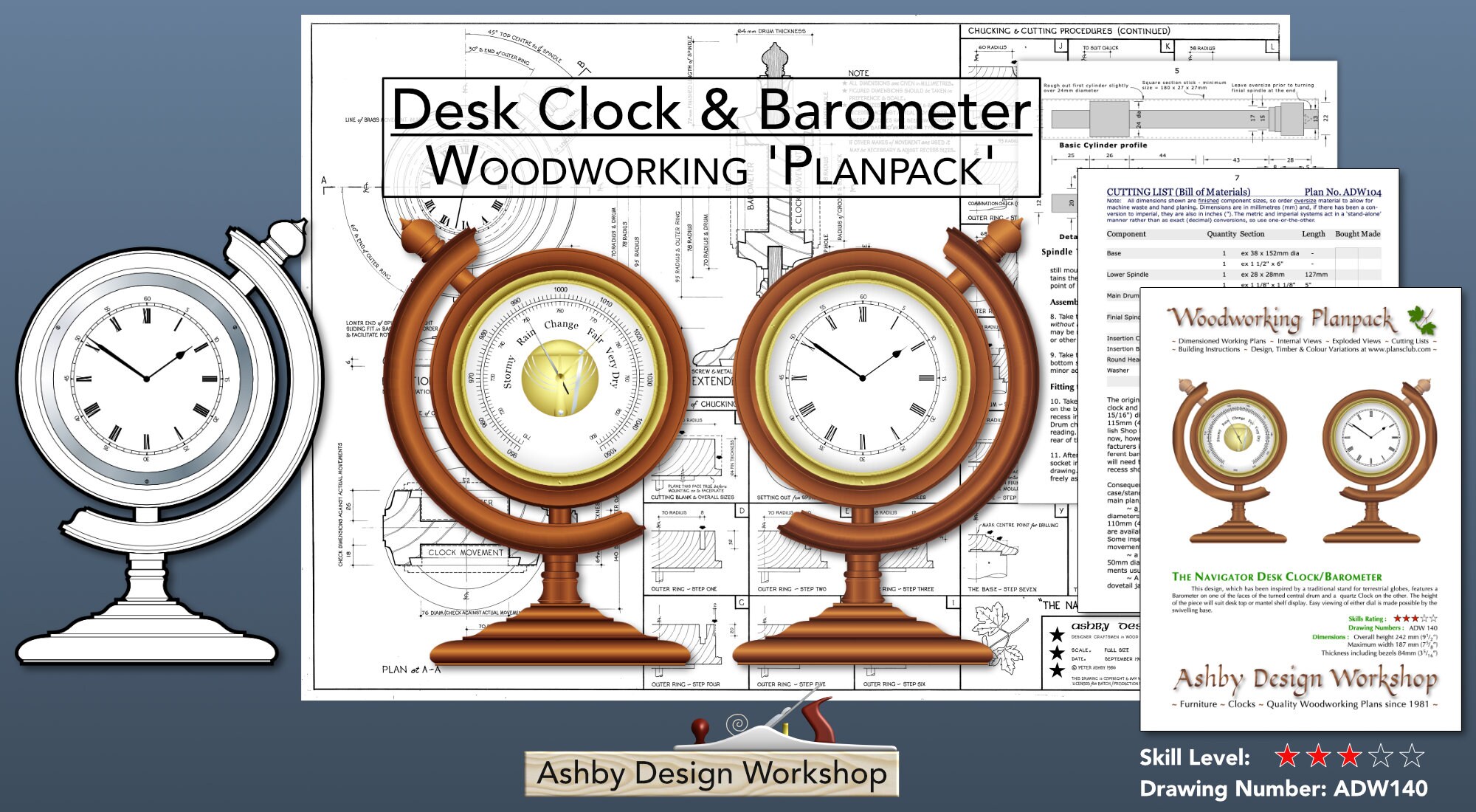 Desk Clock and Barometer Plans - Clock Plans - Barometer Plans - Woodturning Plans - Table Clock - Shelf Clock - Mantel  Clock - DIY Plans