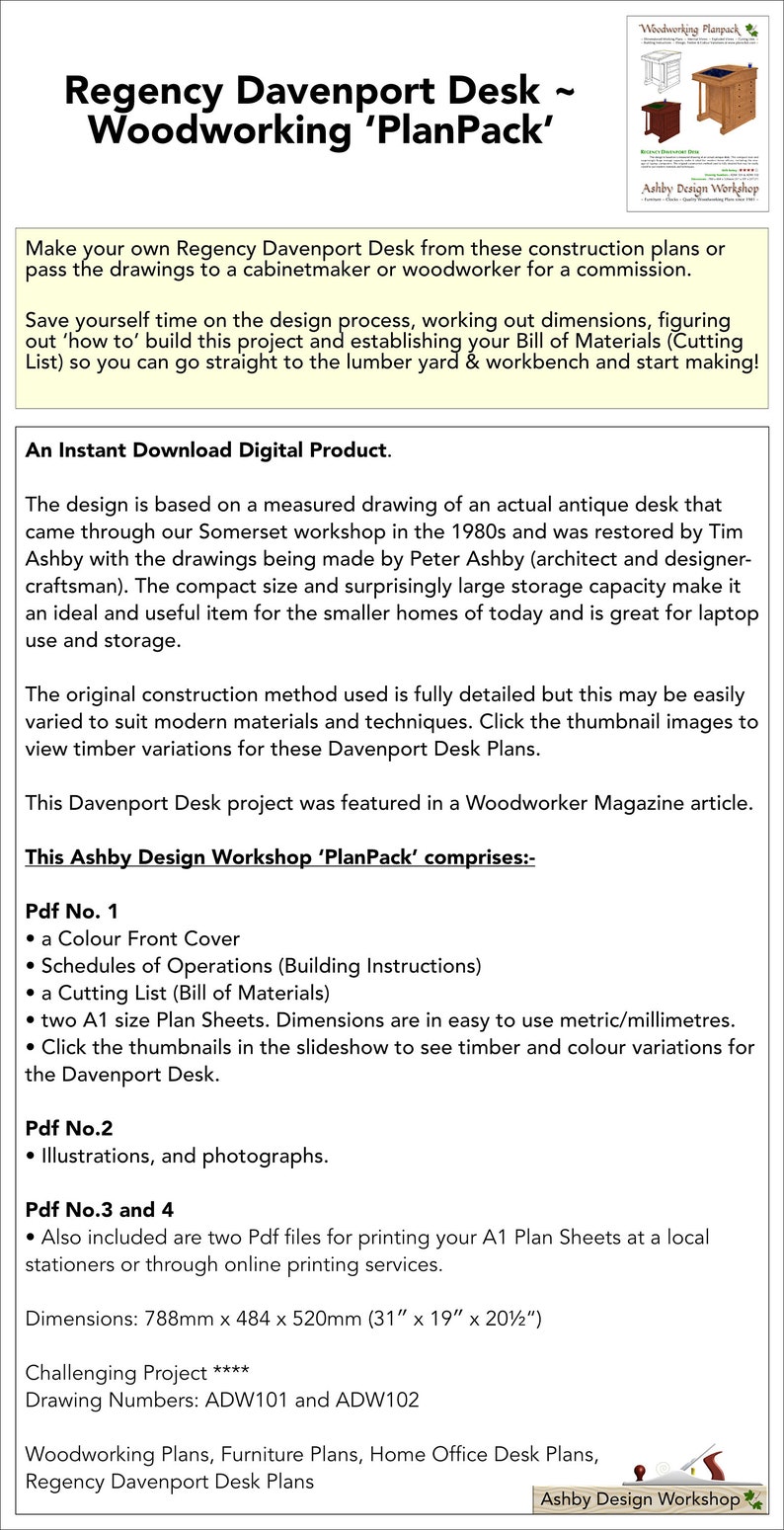 Regency Davenport Desk Plan Woodworking Plan Furniture Plan compact home office desk laptop desk image 8