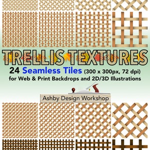 May include: 24 seamless trellis textures in various wood tones, each tile is 300 x 300 pixels at 72 dpi.  These textures are ideal for web and print backdrops and 2D/3D illustrations.  The text "TRELLIS TEXTURES" is at the top of the image.