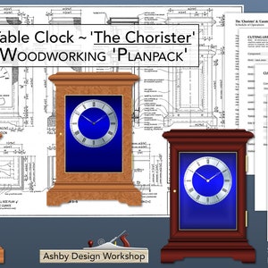 May include: A woodworking planpack for building a table clock called 'The Chorister'. The planpack includes detailed instructions, diagrams, and a materials list. The clock is shown in three different wood finishes: white, brown, and red. The planpack is rated 5 stars for skill level and has the drawing number ADW208.