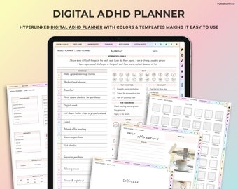 May include: A digital planner designed for people with ADHD. The planner features a colourful design with pastel pink, blue, and yellow accents. The planner includes sections for weekly and daily planning, self-care, affirmations, and notes. The planner is designed to be used with digital note-taking apps like Goodnotes, Notability, Xodo, and Samsung Notes.