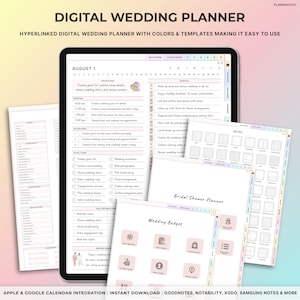 May include: A digital wedding planner on a tablet, with a detailed schedule, to-do lists, and budget sections. The planner includes templates and colour-coded organisation for wedding planning tasks. Text on the screen reads "Digital Wedding Planner".