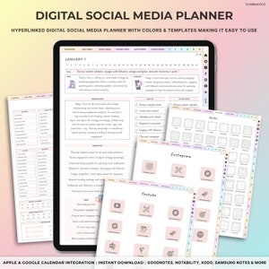 May include: A digital social media planner with a pink, blue, and green color scheme. The planner includes sections for daily, weekly, and monthly planning, as well as notes and custom notes. The planner is designed to help users schedule and track their social media content.