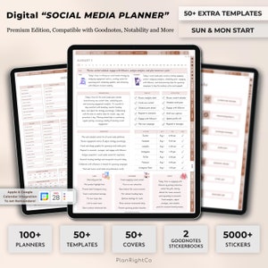 May include: A digital social media planner template with a pink and brown colour scheme. The planner includes a calendar, a section for social media analytics, and a section for planning content. The text "Digital "SOCIAL MEDIA PLANNER" is at the top of the image. The text "Premium Edition, Compatible with Goodnotes, Notability and More" is below the title. The text "50+ EXTRA TEMPLATES" is in the upper right corner of the image. The text "SUN & MON START" is below the text "50+ EXTRA TEMPLATES". The text "100+ PLANNERS" is in the lower left corner of the image. The text "50+ TEMPLATES" is in the lower middle of the image. The text "50+ COVERS" is in the lower right corner of the image. The text "2 GOODNOTES STICKERBOOKS" is below the text "50+ COVERS". The text "5000+ STICKERS" is below the text "2 GOODNOTES STICKERBOOKS". The text "PlanRightCo" is at the bottom of the image.