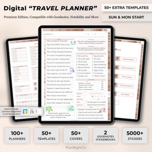 Puede incluir: Planificador digital "TRAVEL PLANNER" con más de 100 planificadores, 50 plantillas, 50 cubiertas, 2 libros de pegatinas Goodnotes y más de 5000 pegatinas. El planificador es compatible con Goodnotes, Notability y más. El planificador tiene un esquema de color rosa y marrón y presenta un calendario, una lista de tareas y una lista de empaque.