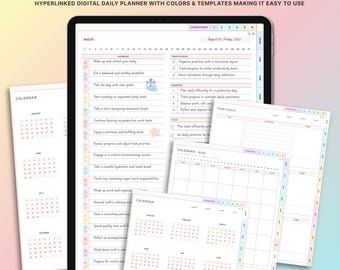 Pode incluir: Um planejador diário digital com um design colorido. O planejador inclui um calendário, uma agenda diária e seções de notas. O planejador é compatível com aplicativos populares de anotações como Goodnotes, Notability, Xodo e Samsung Notes.