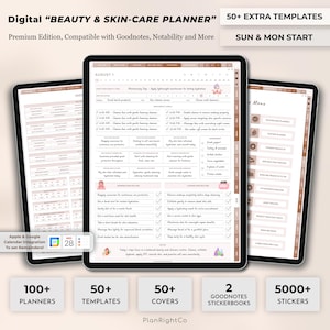 Puede incluir: Planificador digital con un esquema de color rosa y marrón. El planificador se titula "Beauty & Skin-Care Planner" e incluye más de 100 planificadores, más de 50 plantillas, más de 50 cubiertas, 2 libros de pegatinas Goodnotes y más de 5000 pegatinas. El planificador es compatible con Goodnotes y Notability.