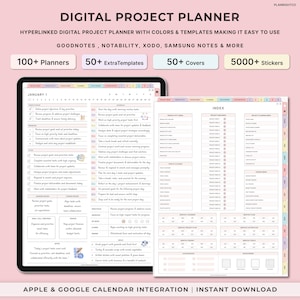 May include: A digital project planner with a pink and white colour scheme. The planner includes a calendar, index, and project management sections. The text on the planner says "Digital Project Planner" and "100+ Planners, 50+ ExtraTemplates, 50+ Covers, 5000+ Stickers".