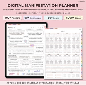 Pode incluir: Um planejador de manifestação digital com um esquema de cores rosa e branco. O planejador inclui um calendário, afirmações diárias e um rastreador mensal. O planejador foi projetado para uso com aplicativos de anotações digitais como Goodnotes, Notability, Xodo e Samsung Notes. O planejador inclui mais de 100 planejadores, mais de 50 modelos adicionais, mais de 50 capas e mais de 5000 adesivos. O planejador é compatível com o Calendário Apple e Google.