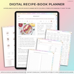 May include: A digital recipe book planner with a colorful design. The planner includes sections for meal planning, grocery lists, kit inventory, conversions, note papers, custom notes, and recipes. The image shows a recipe for a healthy smoothie bowl with toppings. The recipe includes ingredients, directions, and notes.
