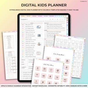 Op de afbeelding: Een digitale planner voor kinderen met een roze en blauwe kleurstelling. De planner bevat secties voor dagelijkse schema's, notities en studieplannen. De planner is ontworpen voor gebruik met digitale notitie-apps zoals Goodnotes, Notability, Xodo en Samsung Notes.
