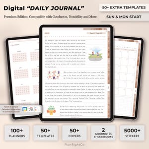 May include: A digital planner template compatible with Goodnotes and Notability apps. The image shows a tablet screen displaying a daily journal page with a calendar, a to-do list, and a motivational quote. The text "Digital "DAILY JOURNAL"" is at the top of the image. The image also shows a variety of other planner templates, covers, and stickers.