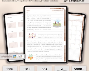 May include: A digital planner template for Goodnotes and Notability apps. The image shows a tablet screen displaying a daily journal page with a calendar, a to-do list, and a motivational quote. The text "Digital "DAILY JOURNAL"" is at the top of the image. The image also shows a variety of other planner templates, covers, and stickers.