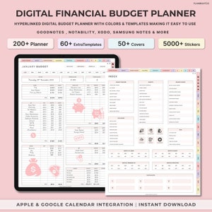 Pode incluir: Um planificador de orçamento financeiro digital com um esquema de cores rosa e branco. O planificador inclui um rastreador de orçamento mensal, um rastreador de economias e um registro de gastos. O planificador é compatível com Goodnotes, Notability, Xodo, Samsung Notes e muito mais. Também inclui mais de 200 planejadores, mais de 60 modelos adicionais, mais de 50 capas e mais de 5000 adesivos.