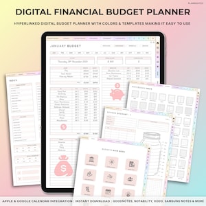 May include: A digital financial budget planner displayed on a tablet, with various open pages showing financial trackers, budget sheets, and savings accounts. The planner includes pink accents and the text "DIGITAL FINANCIAL BUDGET PLANNER".