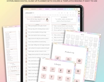 Digitaler Beauty Planner, Fitness Journal, Hautpflege Routine, Periodentracker, Trainingsplaner, Abnehmen Tracker, Zielplaner, Glow Up Planer