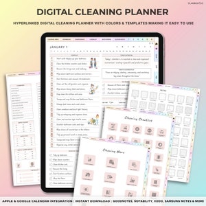May include: A digital cleaning planner with a pink and white colour scheme. The planner includes a monthly calendar, a daily checklist, and a cleaning menu. The planner is designed to help users stay organised and on top of their cleaning tasks. The text on the planner reads "Digital Cleaning Planner" and "January 1".