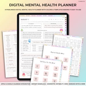 May include: A digital mental health planner with a colorful design. The planner includes sections for self-care, mental health, goals, notes, and a physical health menu. The planner is designed for use with digital note-taking apps like Goodnotes, Notability, Xodo, and Samsung Notes.