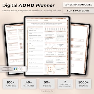Pode incluir: Um planejador digital projetado para pessoas com TDAH. O planejador é compatível com os aplicativos Goodnotes e Notability. O planejador apresenta um início no domingo, mais de 100 planejadores, mais de 40 modelos, mais de 50 capas, 2 livros de adesivos Goodnotes e mais de 5000 adesivos. O planejador está disponível na PlanRightCo.