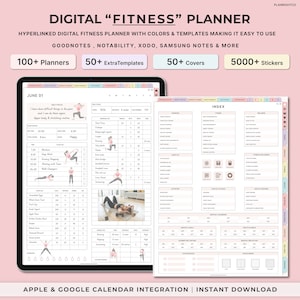 May include: A digital fitness planner with a pink background. The planner includes a June calendar, a daily food log, a workout log, and an index. The planner is compatible with Goodnotes, Notability, Xodo, Samsung Notes, and more. The planner also includes 100+ planners, 50+ extra templates, 50+ covers, and 5000+ stickers. The planner is available for instant download and integrates with Apple and Google calendars.
