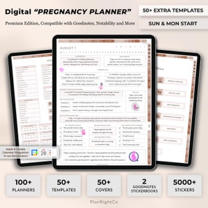 May include: Digital "Pregnancy Planner" in a pink and brown color scheme. The planner is compatible with Goodnotes, Notability, and more. It includes 100+ planners, 50+ templates, 50+ covers, 2 Goodnotes stickerbooks, and 5000+ stickers. The planner features a calendar, a daily journal, and a checklist for pregnancy essentials.