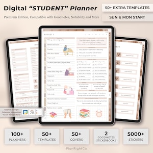 Könnte beinhalten: Digitaler "STUDENT"-Planer mit über 100 Planern, 50 Vorlagen, 50 Covern, 2 Goodnotes-Stickerbüchern und 5000 Stickern. Der Planer ist kompatibel mit Goodnotes, Notability und mehr. Der Planer hat ein braunes und beiges Farbschema und zeigt Illustrationen von Studenten, die lernen.