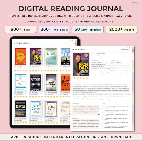 Digital Reading Planner, Digital Reading Journal, Reading Digital Planner, Digital Book Tracker for GoodNotes, iPad, Android Reading Journal