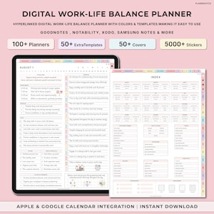 May include: A digital planner for work-life balance with a pink and white colour scheme. The planner includes a calendar, index, and sections for notes, routines, and lifestyle. The planner is compatible with Goodnotes, Notability, Xodo, Samsung Notes, and more. The planner includes 100+ planners, 50+ extra templates, 50+ covers, and 5000+ stickers. The planner also includes Apple and Google Calendar integration.