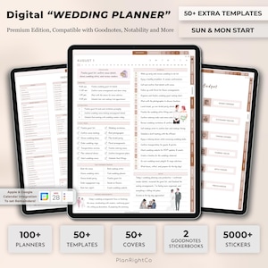 Könnte beinhalten: Ein digitaler Hochzeitsplaner mit einem rosa-braunen Farbschema. Der Planer enthält einen Kalender, einen Budget-Tracker und eine Checkliste für die Hochzeitsplanung. Der Planer ist kompatibel mit Goodnotes, Notability und mehr. Der Planer enthält außerdem über 50 zusätzliche Vorlagen, über 50 Cover, 2 Goodnotes-Stickerbücher und über 5000 Sticker.