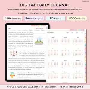 May include: A digital daily journal template featuring a calendar, a handwritten note, and illustrations. The template is designed for use with note-taking apps such as Goodnotes, Notability, Xodo, and Samsung Notes. The text on the template reads "Digital Daily Journal" and "Apple & Google Calendar Integration | Instant Download".