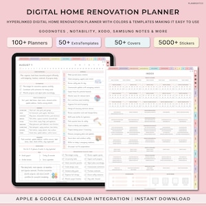 Può includere: Pianificatore di ristrutturazione domestica digitale con sfondo rosa. Il pianificatore include oltre 100 pianificatori, oltre 50 modelli aggiuntivi, oltre 50 copertine e oltre 5000 adesivi. Il pianificatore è compatibile con Goodnotes, Notability, Xodo, Samsung Notes e altro ancora. Il pianificatore ha un calendario per il 1° agosto con un elenco di attività per la ristrutturazione domestica. Il pianificatore include anche un indice con schede per diverse categorie. Il pianificatore è compatibile con Apple e Google Calendar ed è disponibile per il download immediato.
