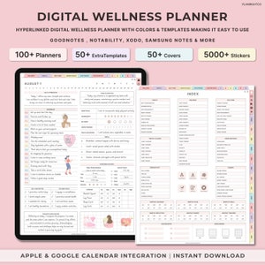 May include: A digital wellness planner with a pink and white color scheme. The planner includes a calendar, index, and various trackers for health, self-care, wellness, productivity, finance, and more. The planner is compatible with Goodnotes, Notability, Xodo, Samsung Notes, and other note-taking apps. The planner also includes 100+ planners, 50+ extra templates, 50+ covers, and 5000+ stickers. The planner is available for instant download and integrates with Apple and Google calendars.