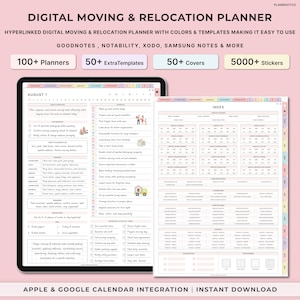Puede incluir: Un planificador digital de mudanzas y reubicación con un esquema de color rosa y blanco. El planificador incluye un calendario, un índice y listas de verificación. El planificador es compatible con Goodnotes, Notability, Xodo, Samsung Notes y más. Incluye más de 100 planificadores, más de 50 plantillas adicionales, más de 50 cubiertas y más de 5000 pegatinas. El planificador está disponible para descarga instantánea y se integra con los calendarios de Apple y Google.
