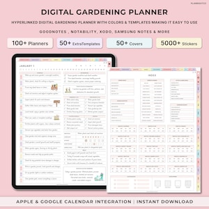 May include: A digital gardening planner with a pink and white colour scheme. The planner includes 100+ planners, 50+ extra templates, 50+ covers, and 5000+ stickers. The planner is compatible with Goodnotes, Notability, Xodo, Samsung Notes, and more. The planner also includes Apple and Google Calendar integration.
