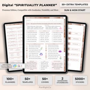 May include: Digital "Spirituality Planner" with 100+ planners, 50+ templates, 50+ covers, 2 Goodnotes stickerbooks, and 5000+ stickers. The planner is compatible with Goodnotes and Notability. The planner has a pink and brown color scheme and features a calendar with the month of August.