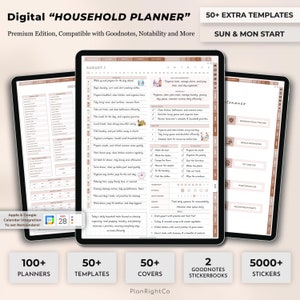 May include: Digital "Household Planner" in a brown and white colour scheme with a calendar page showing a list of daily tasks. The planner is compatible with Goodnotes, Notability, and more. The image also shows a variety of other planner templates, covers, and stickers.