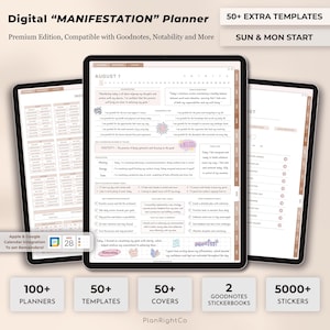 Op de afbeelding: Digitale manifestatieplanner op een tablet, met sjablonen, covers en stickers. Het scherm toont een dagelijkse plannerindeling met secties voor dankbaarheid, affirmaties en doelen. De tekst bevat "MANIFESTATION" en "SUN & MON START".