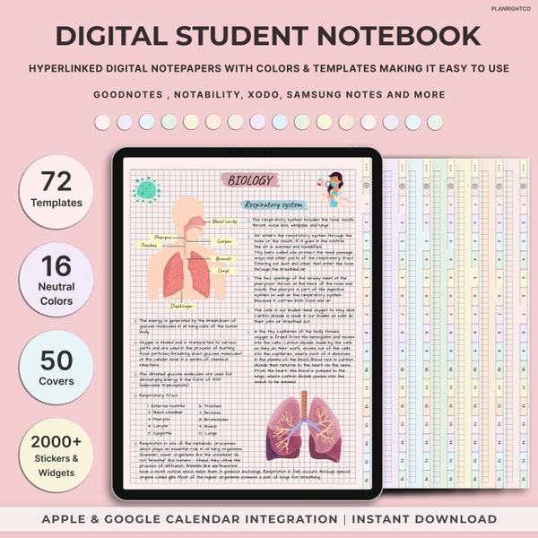 Digitaal notitieboekje met tabbladen, Goodnotes notitieboekje, studentennotitieboekje, digitale notitieboekjes, sjablonen voor digitale notities, sjabloon voor het maken van notities, dagboek