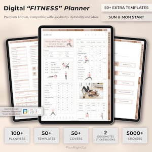 Op de afbeelding: Digitale fitnessplanner op drie tablets. De planner bevat dagelijkse logs, oefenkaarten en maaltijdtrackers. Het scherm toont "June 01" en "Upper body & stretching routine". Extra tekst omvat "50+ Extra Templates" en "100+ Planners".