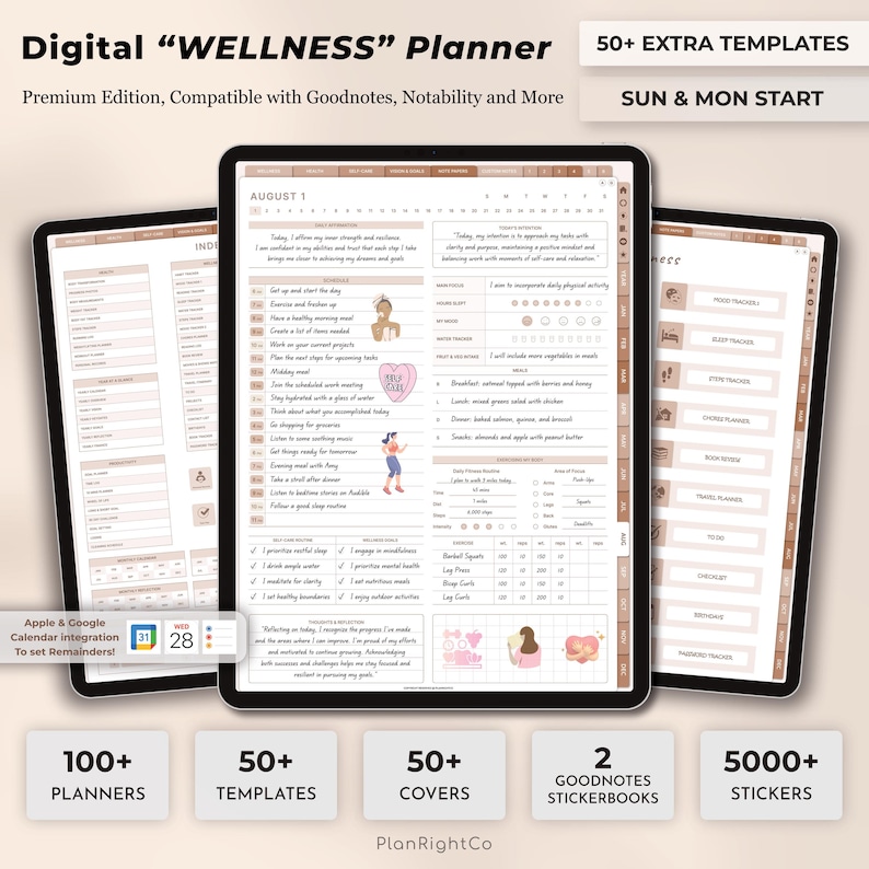 Wellnessjournal, Digital självvårdsdagbok, Mindfulnessjournal, Träningsspårare, Matplanerare, Mental hälsa, GoodNotes-journal bild 1