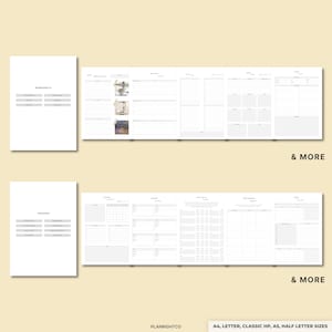 May include: A white planner with gray text and lines, featuring worksheets and trackers. The planner includes sections for daily, weekly, and monthly planning. The text "& MORE" is at the bottom of the pages. Available in A4, Letter, Classic HP, A5, and Half Letter sizes.