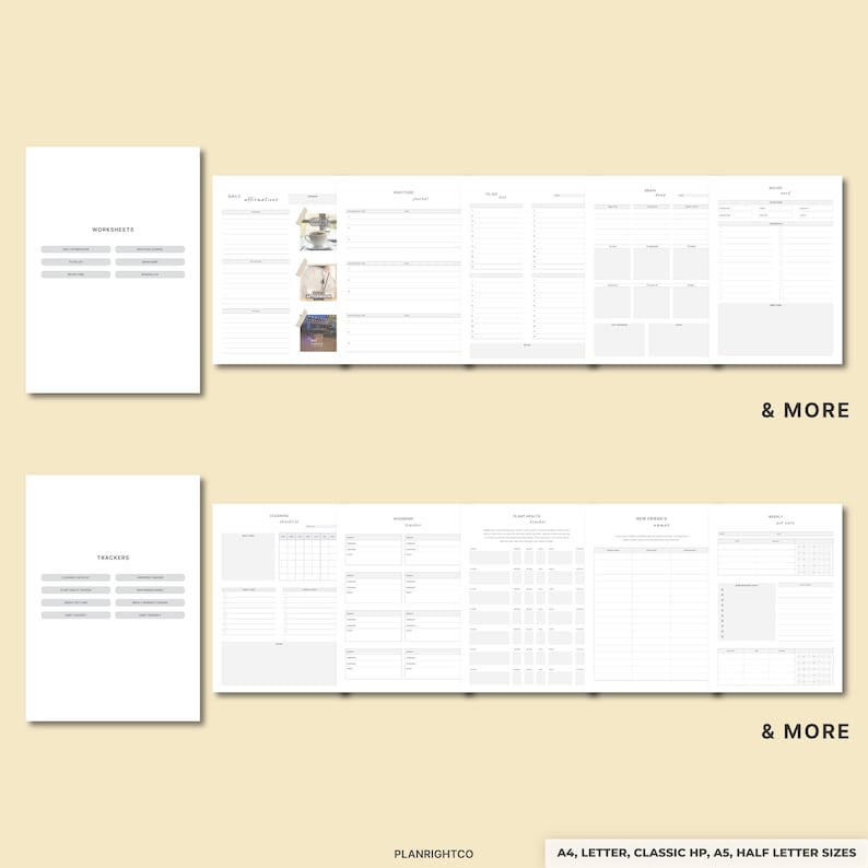 May include: A white planner with gray text and lines, featuring worksheets and trackers. The planner includes sections for daily, weekly, and monthly planning. The text "& MORE" is at the bottom of the pages. Available in A4, Letter, Classic HP, A5, and Half Letter sizes.