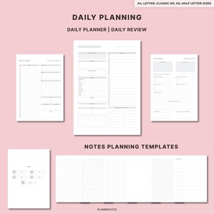 Puede incluir: Una colecci&oacute;n de plantillas de planificaci&oacute;n diaria blancas, que incluyen planificador diario, revisi&oacute;n diaria y plantillas de planificaci&oacute;n de notas. El texto "DAILY PLANNING" y "NOTES PLANNING TEMPLATES" se muestra en la imagen. Las plantillas est&aacute;n disponibles en tama&ntilde;os A4, Letter, Classic HP, A5 y Half Letter.